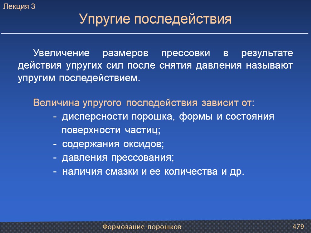 Формование порошков 479 Увеличение размеров прессовки в результате действия упругих сил после снятия давления